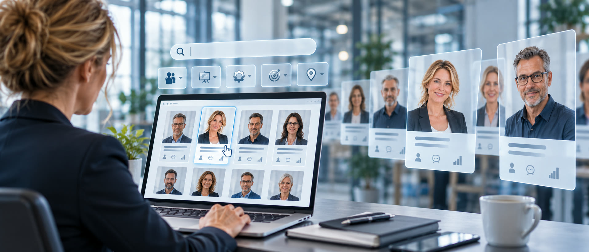 Eine Frau sucht am Laptop in einem digitalen Verzeichnis nach Trainerprofilen
